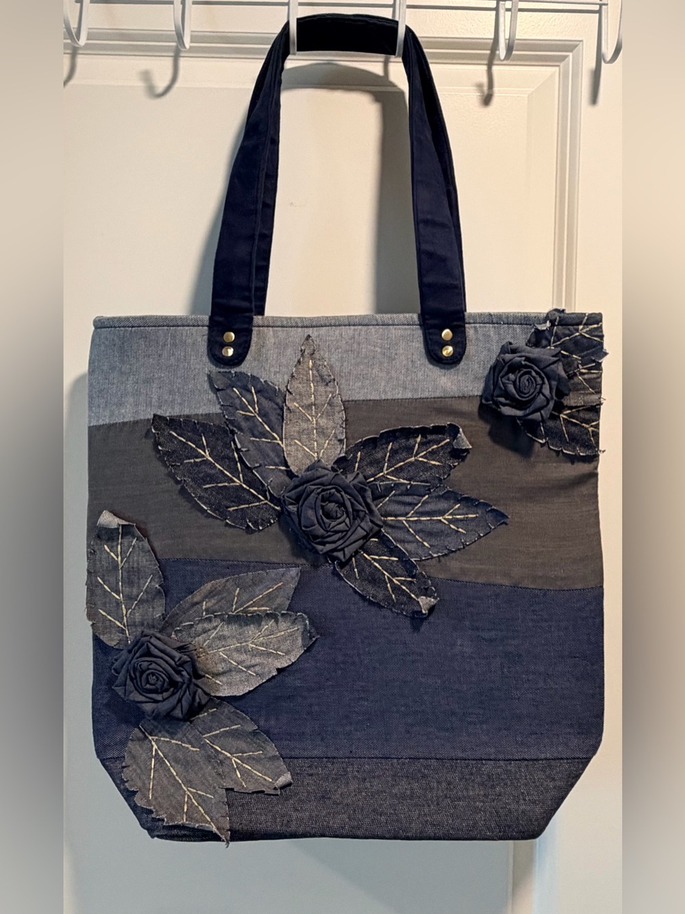 Coldwater Creek Denim Navy and Gray Floral Appliqué Tote